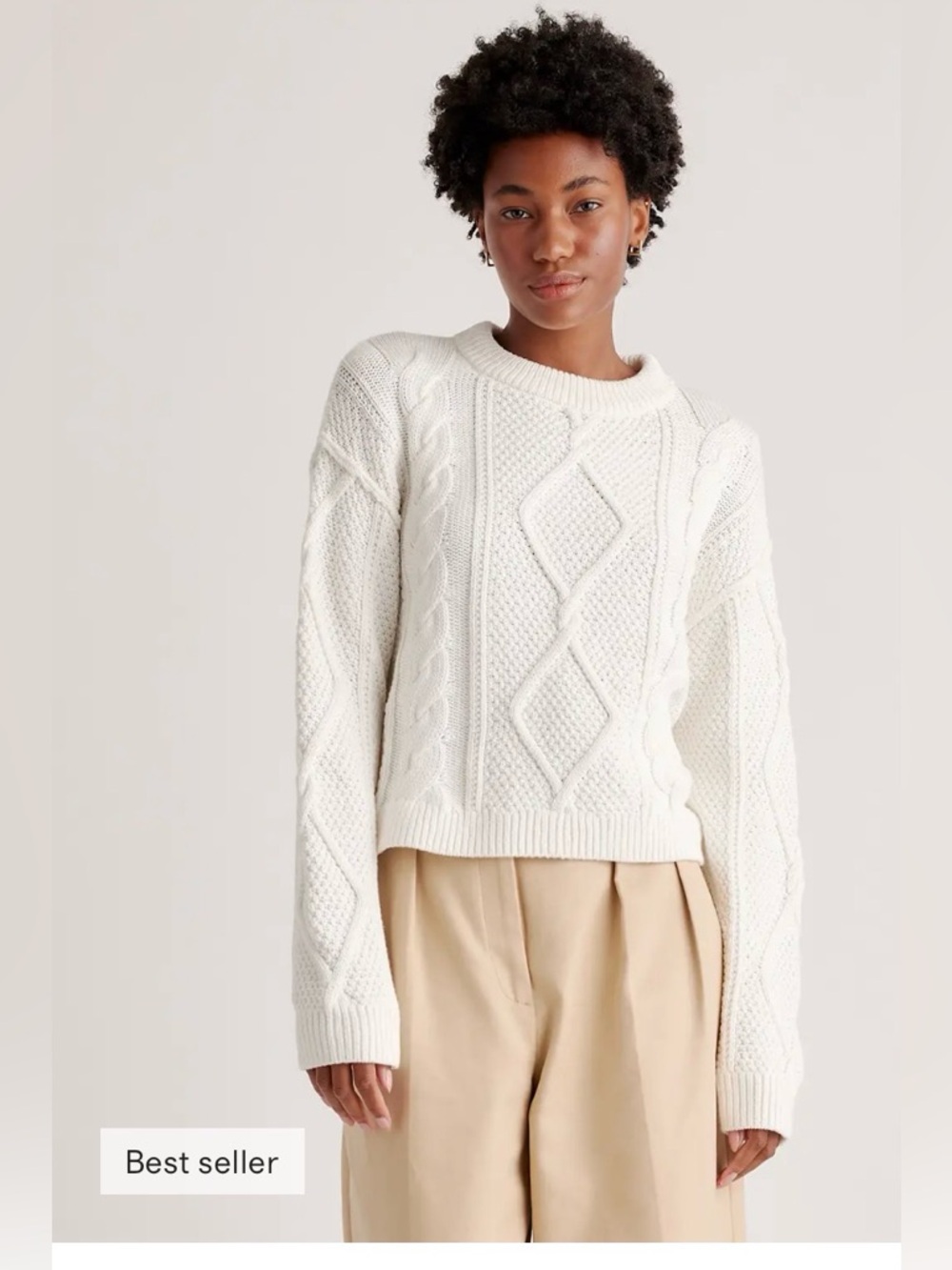 Quince 100% Organic Cotton Cropped Cable Crew Sweater Size XL in Ivory